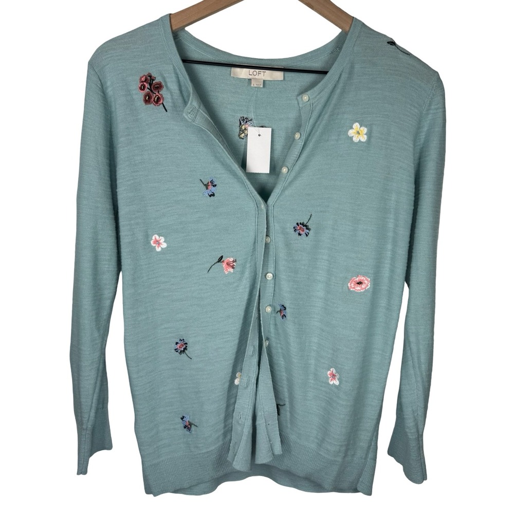 LOFT Blue Floral Embroidered Cotton Cardigan Sweater Small NWT 530976 - Picture 5 of 7